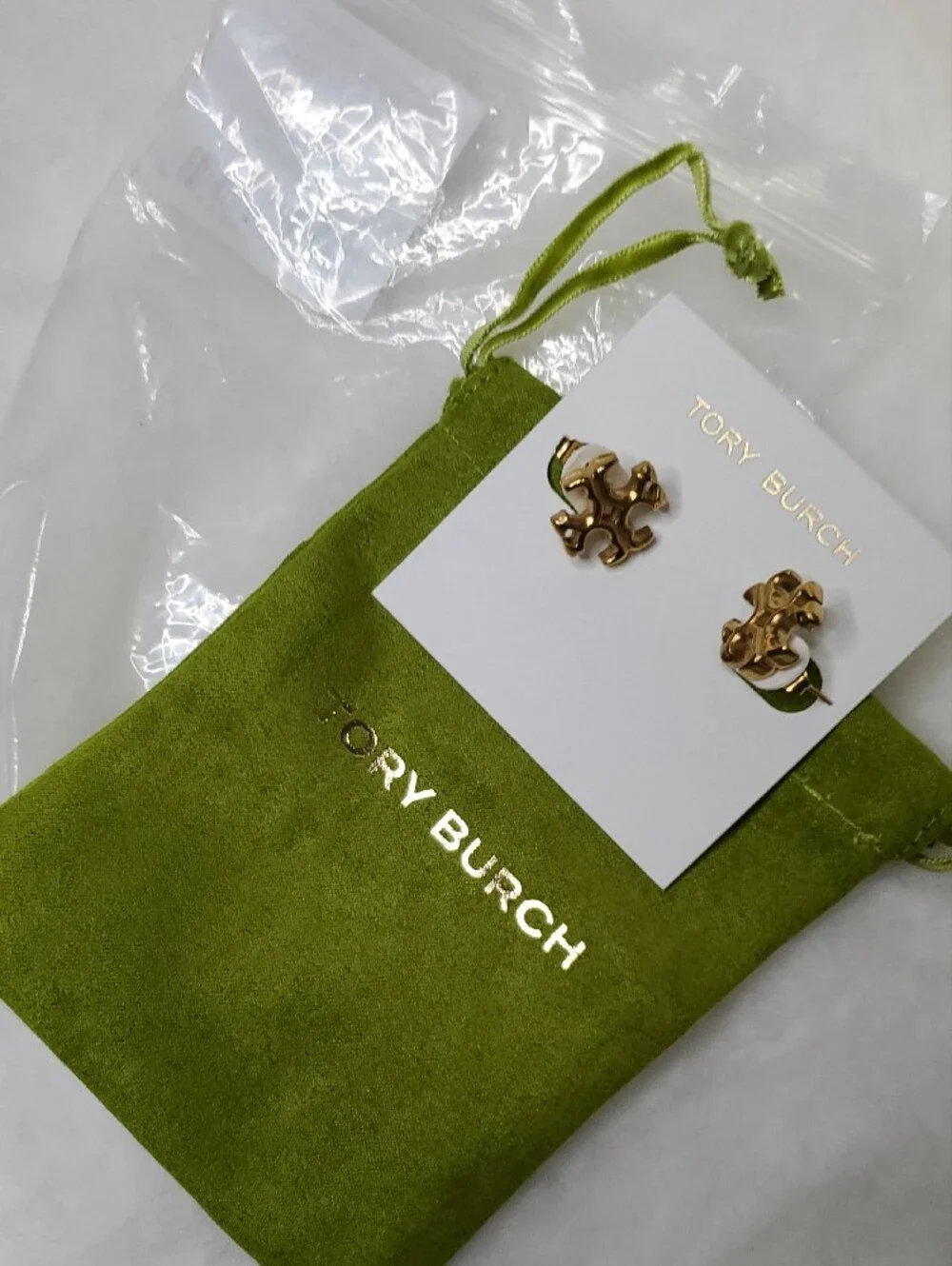 Tory Burch Gold Logo Stud Earrings with Green Pouch